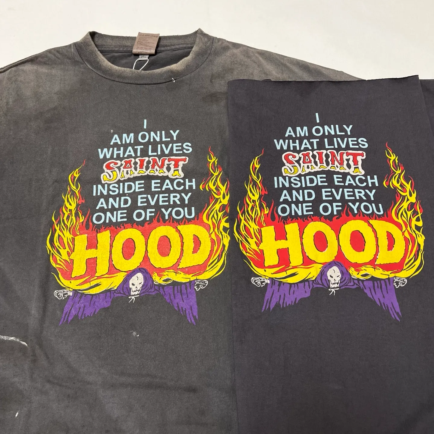 Printed pattern SAINT Mxxxxxx × NEIGHBORHOOD STHD . SS TEE HOOD/BLK NBHD Takizawa Shinsuke joint model Flame Wings HOOD distressed short sleeves washed black S-XL